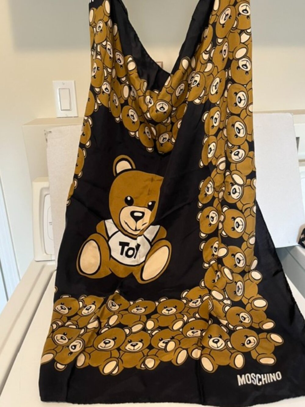 Moschino iconic teddy bear silk scarf.